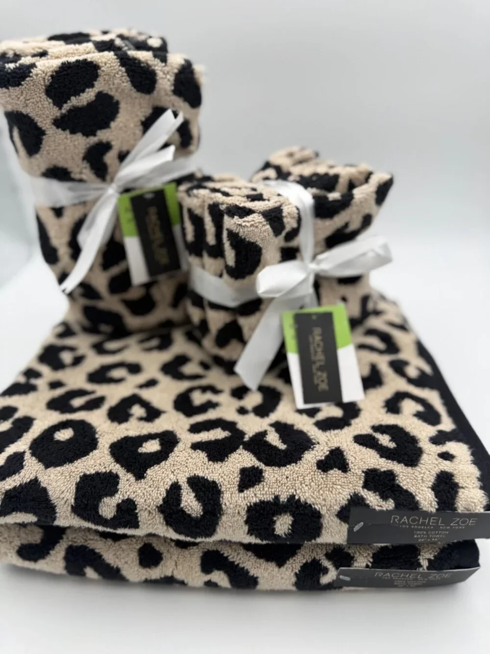 Rachel Zoe Leopard Print 8 Pc Bath Towel Set 100% Cotton Beige Black NWT